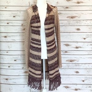 GIMMICKS BURGUNDY STRIPED LONG CARDIGAN WITH HOOD